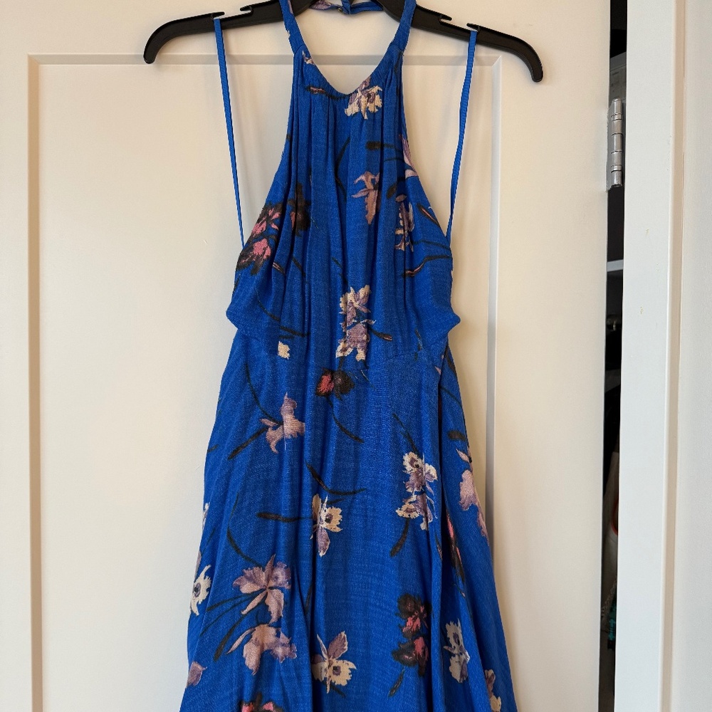 Free People Blue Halter Dress With Flowers - Size 0